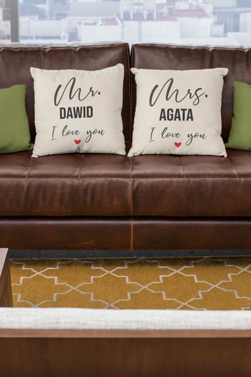 Komplet poduszek bawełnianych Canvas PERSONALIZACJA Mrs and Ms love