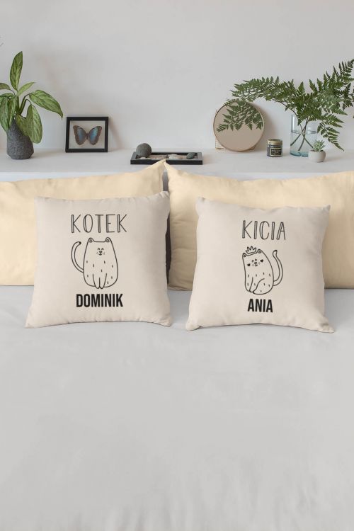 Komplet poduszek bawełnianych PERSONALIZACJA Walentynkowe kotki