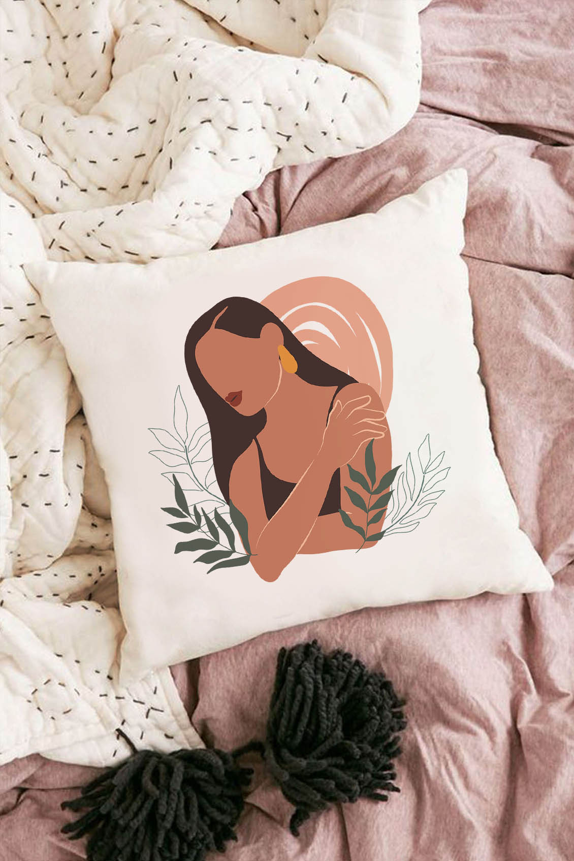 Poduszka bawełniana Canvas Abstract Woman Green Leaves