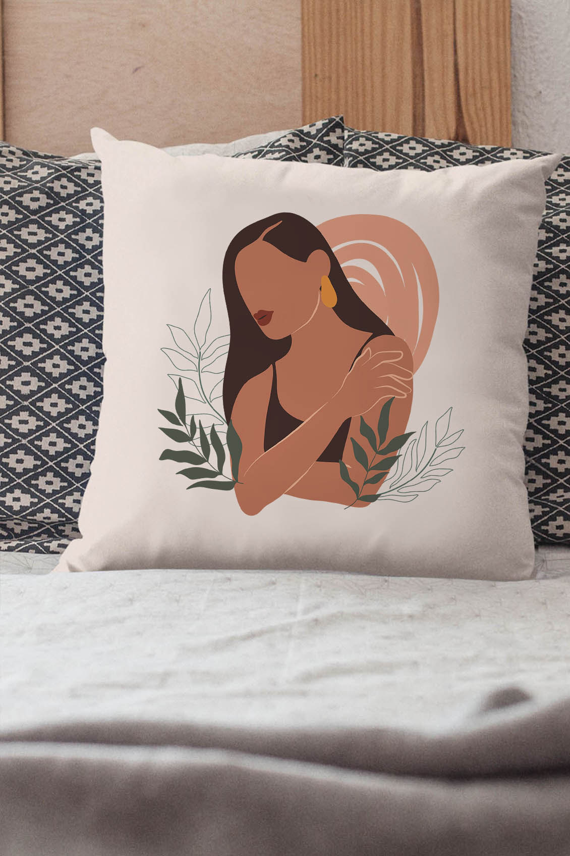 Poduszka bawełniana Canvas Abstract Woman Green Leaves