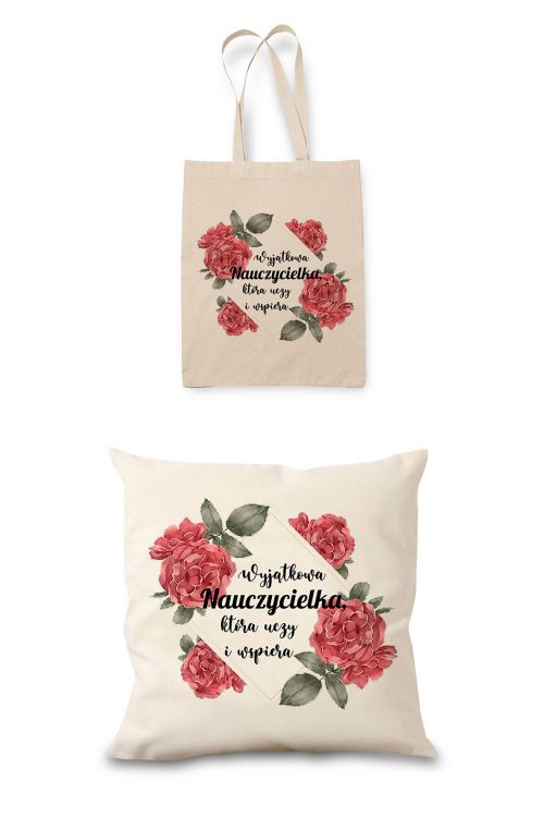 Zestaw Prezentowy Poduszka i Torba Eko Ecru Wyjątkowa Nauczycielka