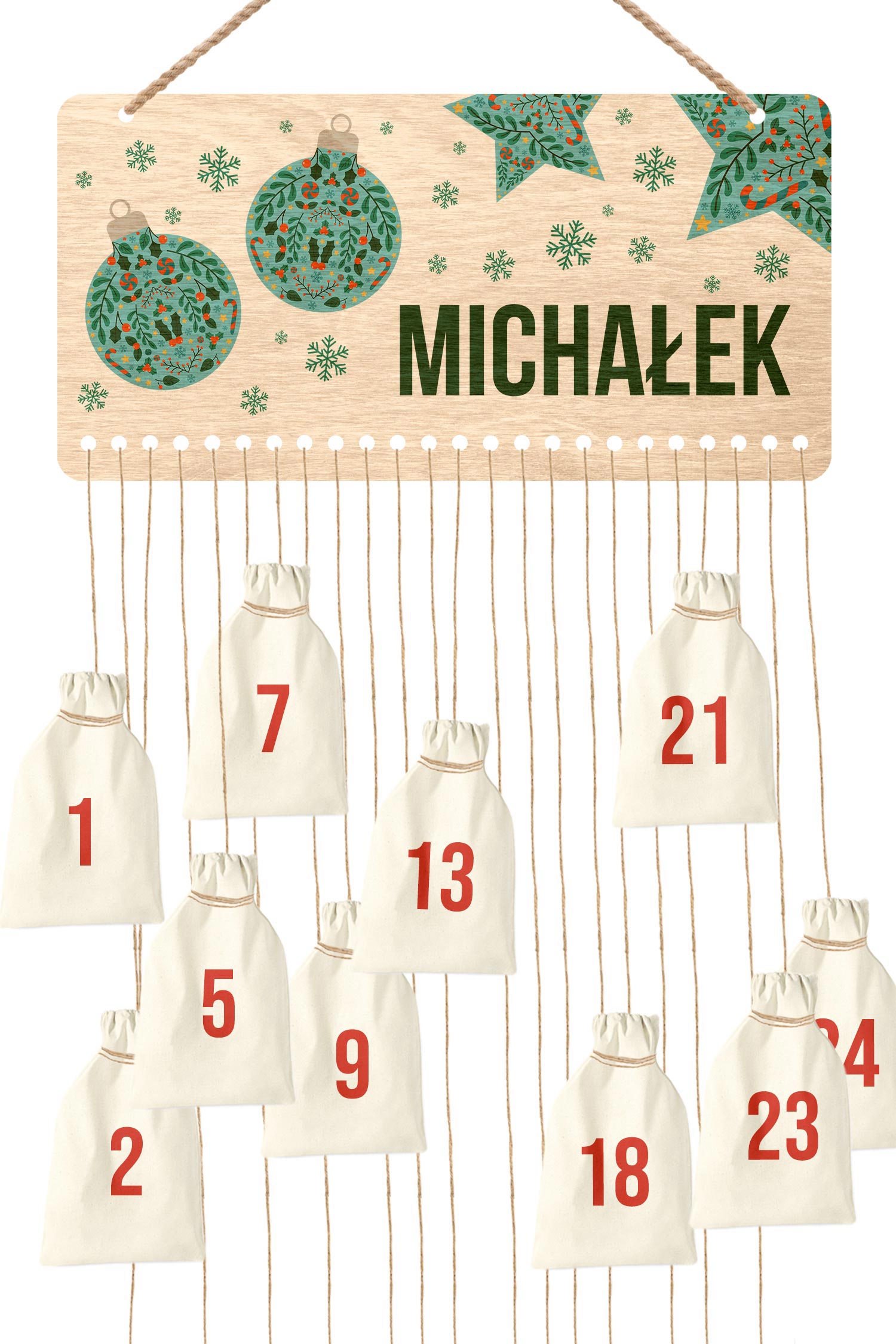 Kalendarz Adwentowy ze sklejki Bombki PERSONALIZACJA 