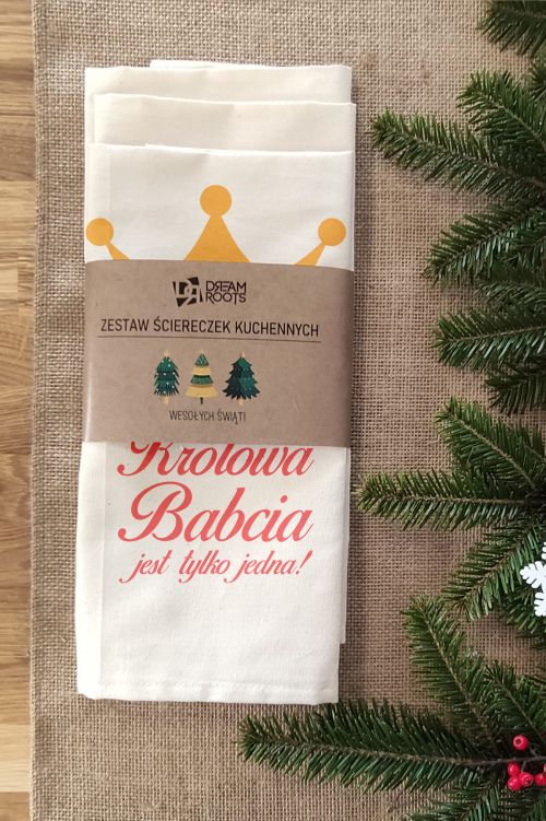 Komplet trzech świątecznych ręczników kuchennych Królowa Babcia