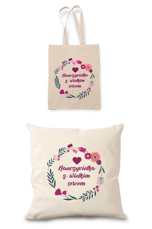 Zestaw Prezentowy Poduszka i Torba Eko Ecru Nauczycielka z Wielkim Sercem