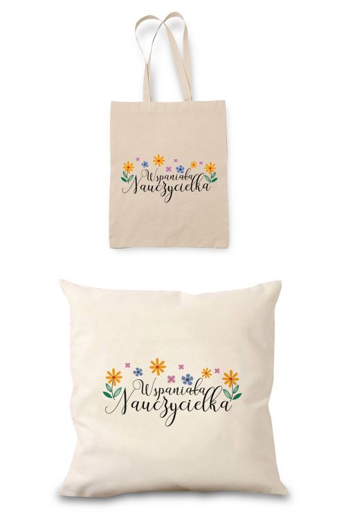 Zestaw Prezentowy Poduszka i Torba Eko Ecru Wspaniała Nauczycielka
