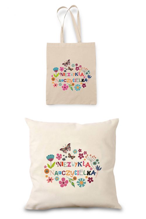 Zestaw Prezentowy Poduszka i Torba Eko Ecru Niezwykła Nauczycielka
