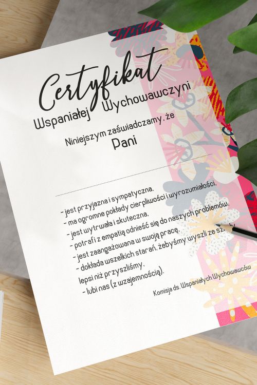 Certyfikat Wspaniałej Wychowawczyni 