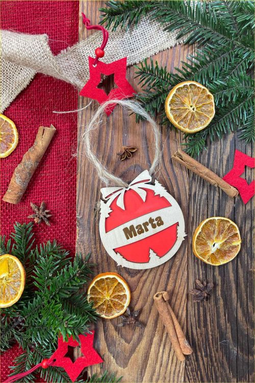 Czerwona Zawieszka ze sklejki Personalizacja Choinka