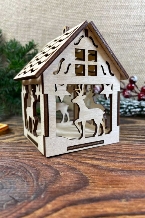 Ozdoba świąteczna Lampion Domek ze sklejki Renifer