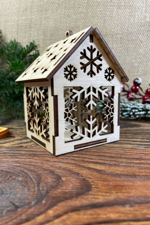 Ozdoba świąteczna Lampion Domek ze sklejki Płatki Śniegu