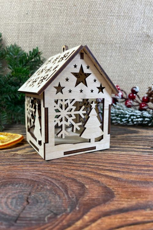 Ozdoba świąteczna Lampion Domek ze sklejki Płatek i Choinka