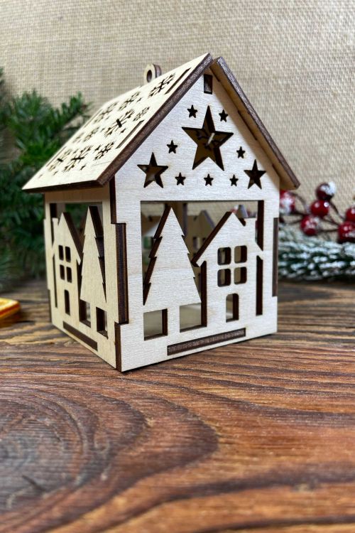 Ozdoba świąteczna Lampion Domek ze sklejki Domek i Choinka