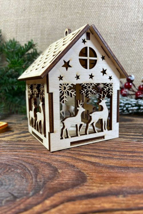Ozdoba świąteczna Lampion Domek ze sklejki Para Reniferów