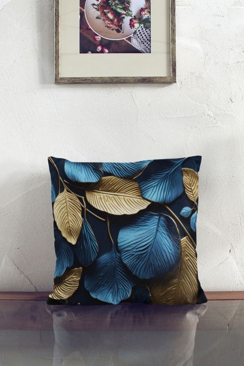 Poduszka Gold and Blue Leaves
